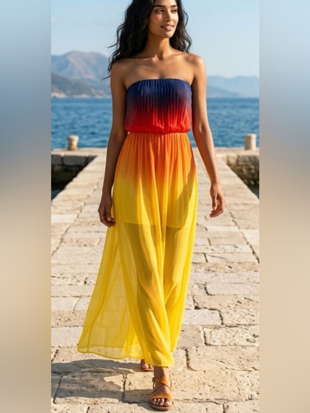 Bisou Bisou by Michele rainbow  suset ombré Strapless Maxi Dress size 10